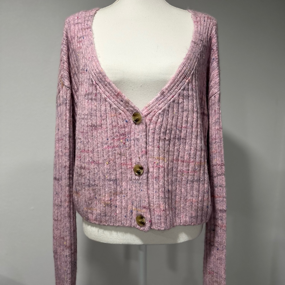 BP Woman’s Pink Multi Space Dye V-Neck Crop Rib Cardigan Sweater Size XL NWT !